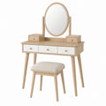 Wood Vanity Table Set with Oval Mirror and Beige Upholstered Stool