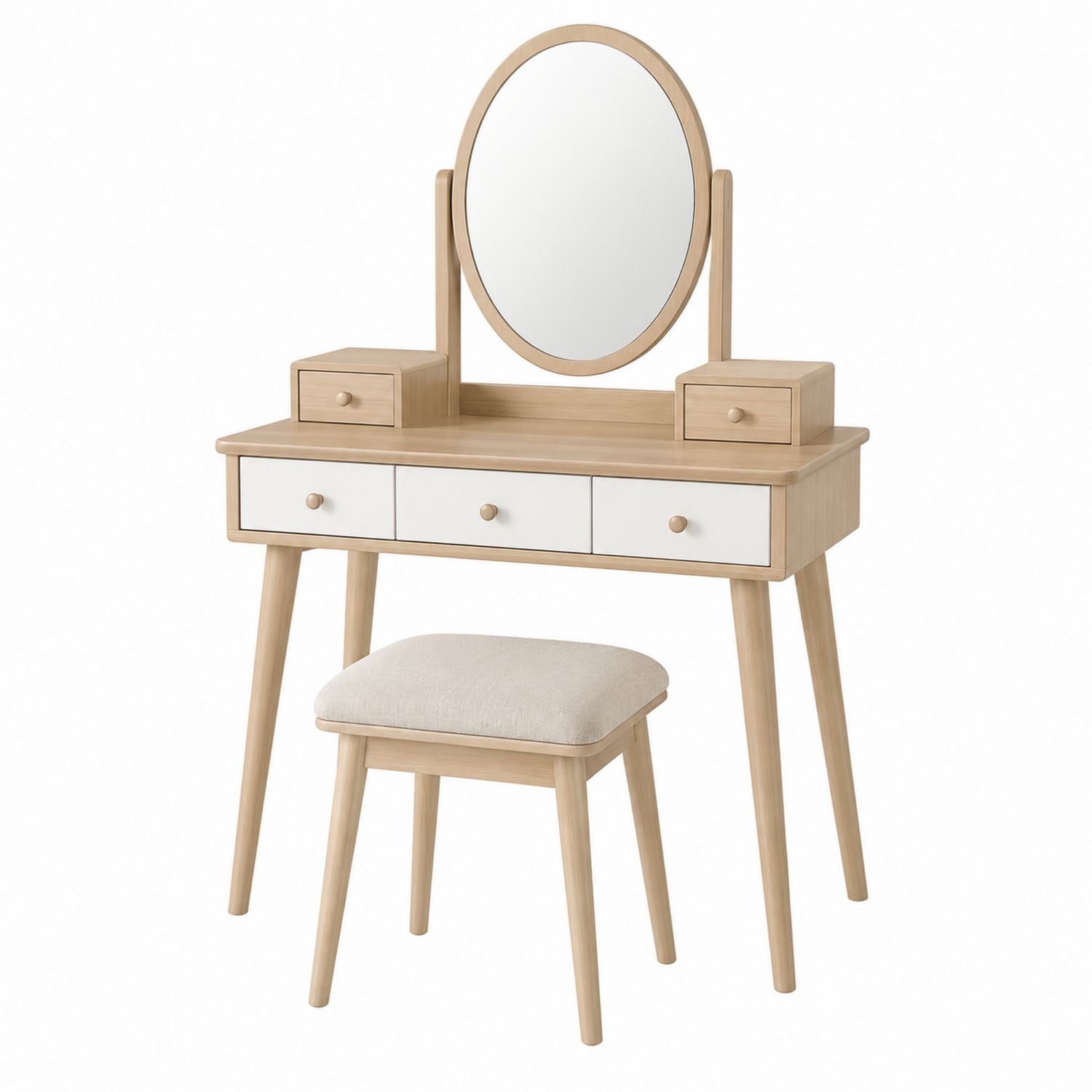 Wood Vanity Table Set with Oval Mirror and Beige Upholstered Stool