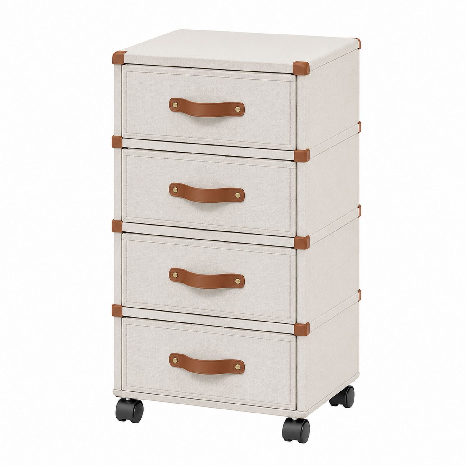 4-Drawer Fabric Storage Dresser with Faux Leather Handles and Casters, Beige