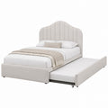 Velvet Upholstered Pull-Out Trundle Bed Set Beige
