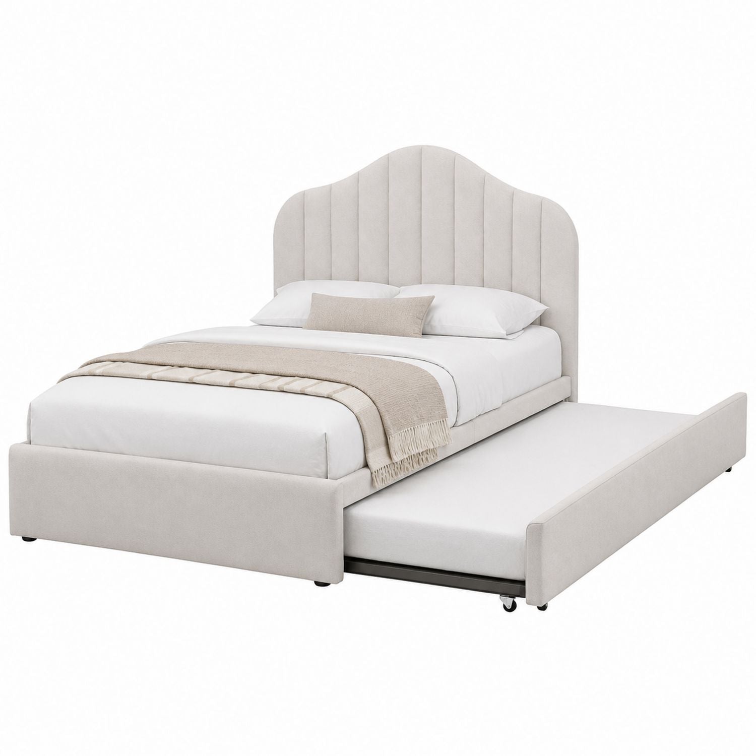 Velvet Upholstered Pull-Out Trundle Bed Set Beige