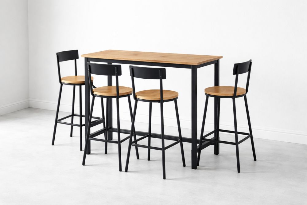 5-Piece Metal Frame Bar Table Set with Oak Seats