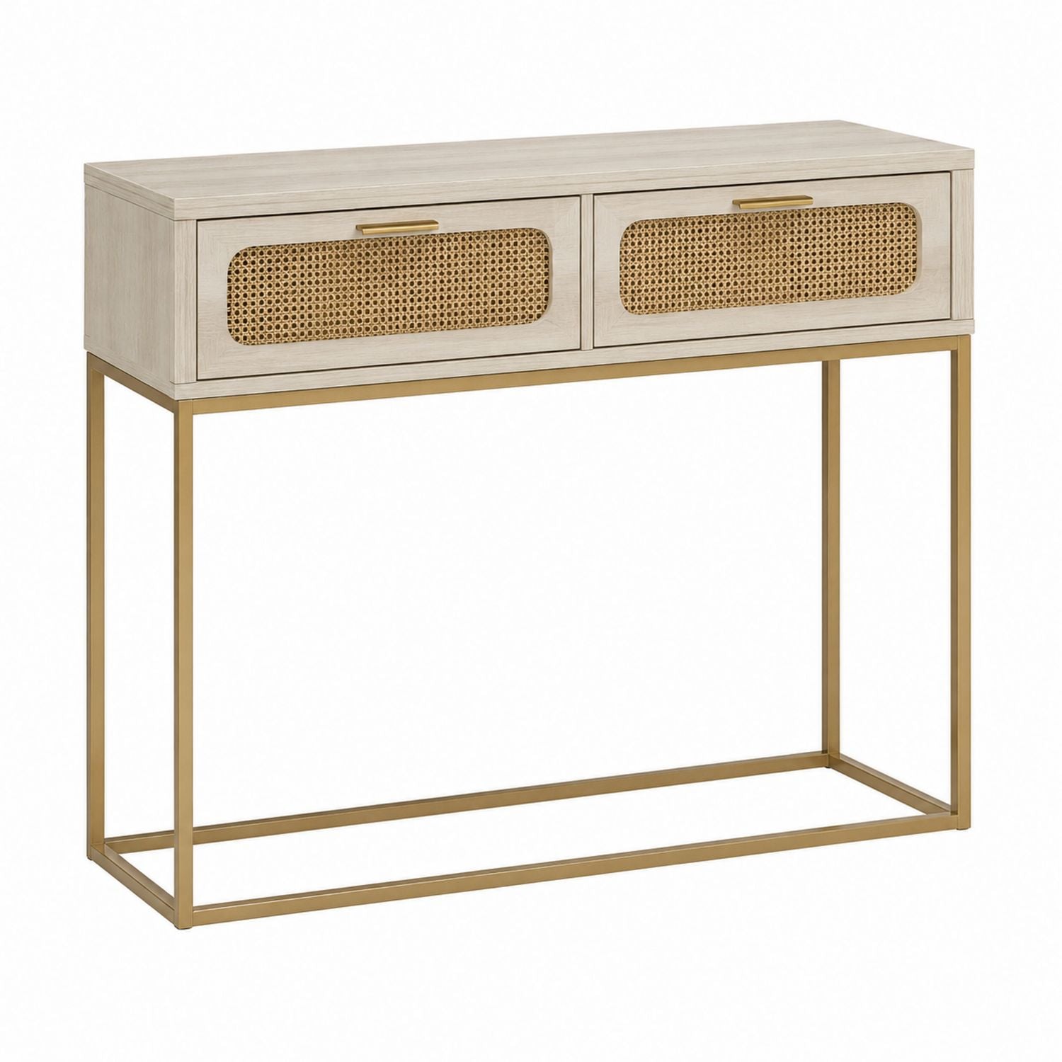 Wood and Cane Console Table with Metal Frame Beige and Natural 112cm