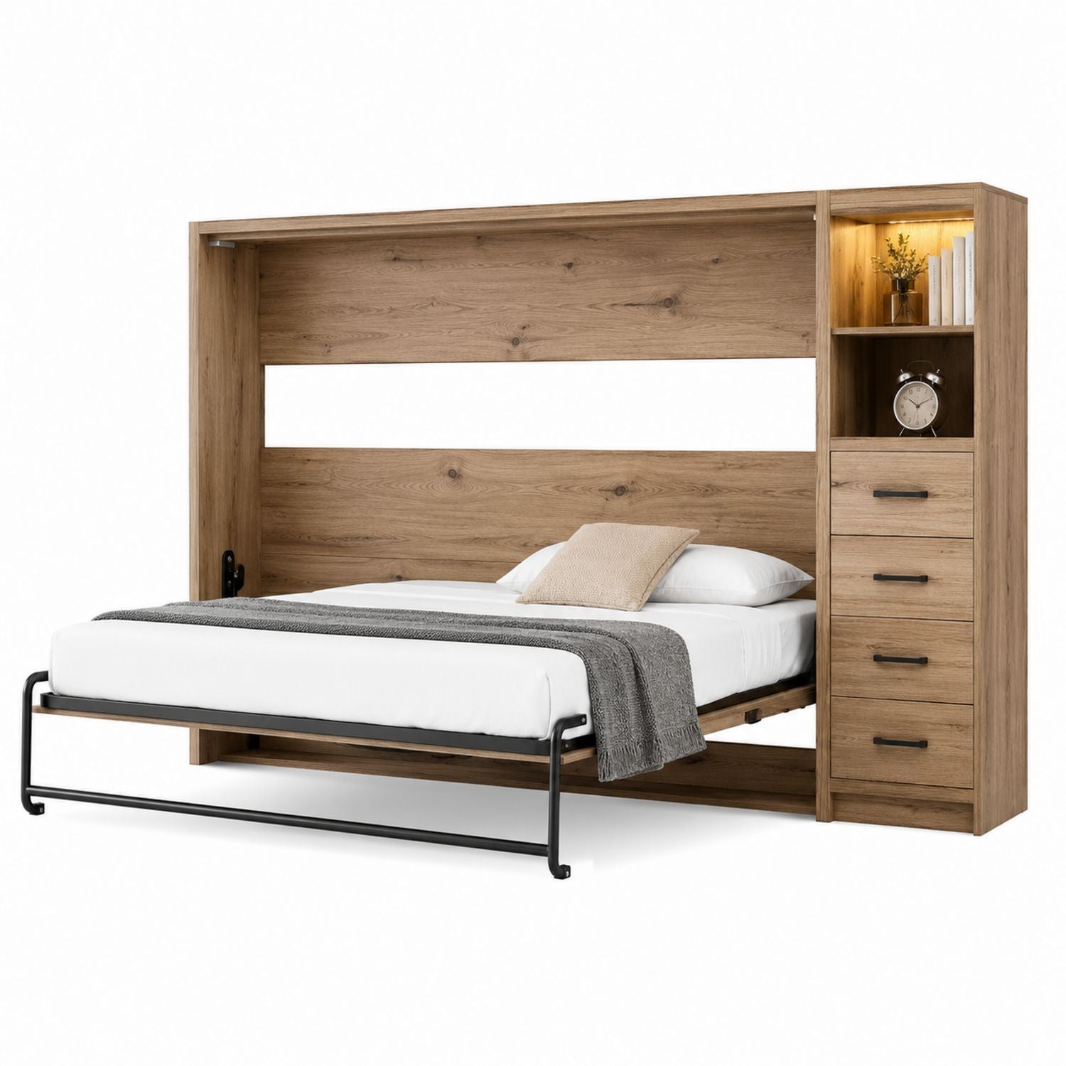 Oak Wood Murphy Bed with Shelving and Drawers