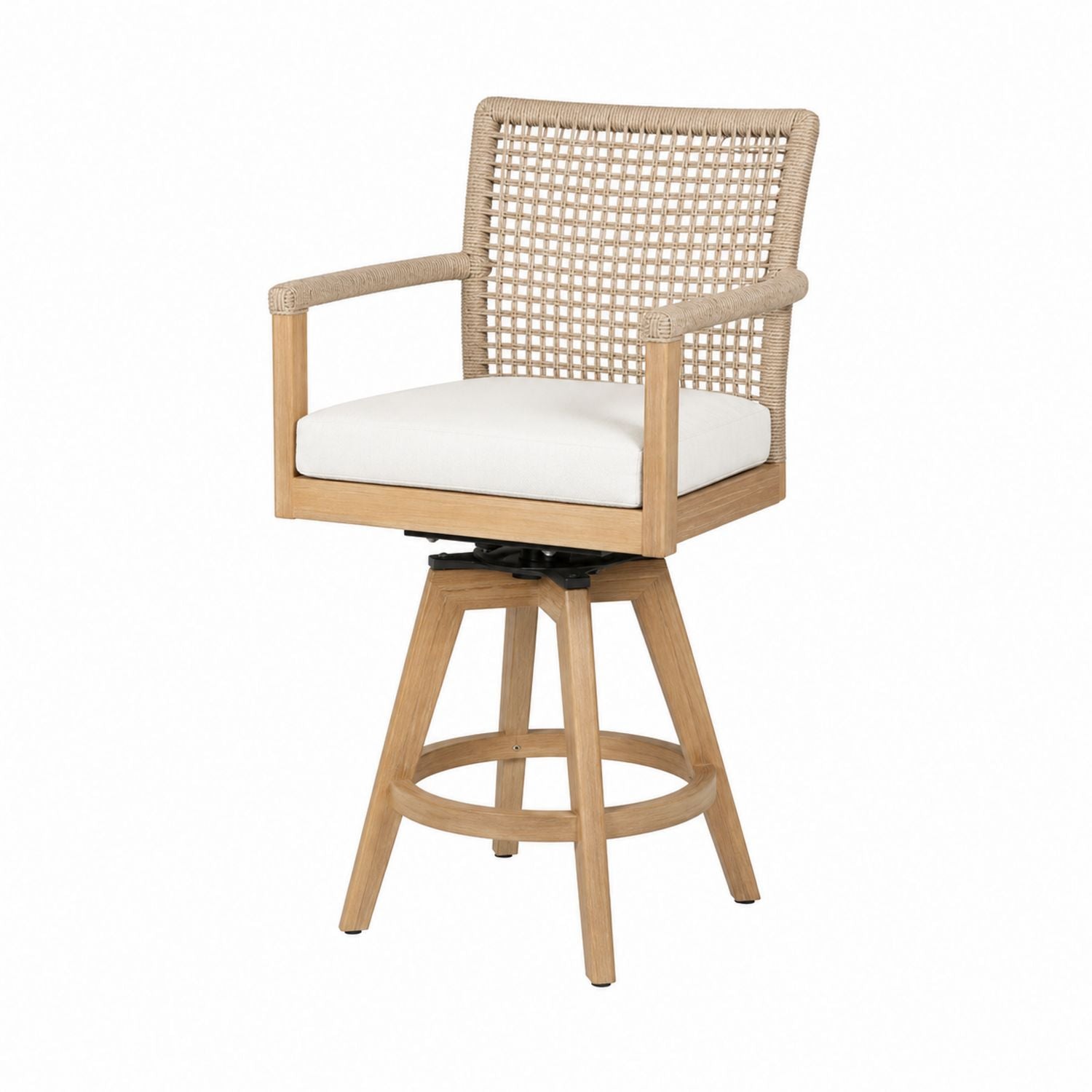 Outdoor Swivel Chair with Teak Frame and Rope Backrest Beige Cushion