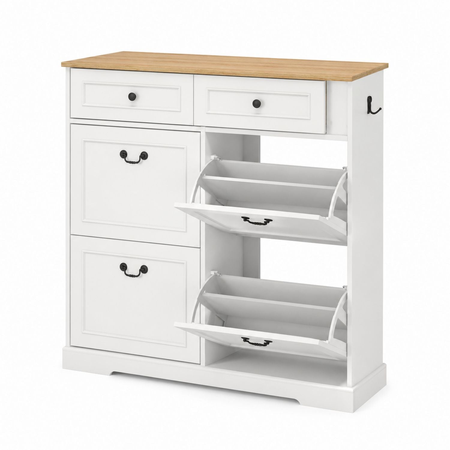 MDF Shoe Storage Cabinet with Tipping Drawers and Hooks 120x100x40 cm White and Natural Wood