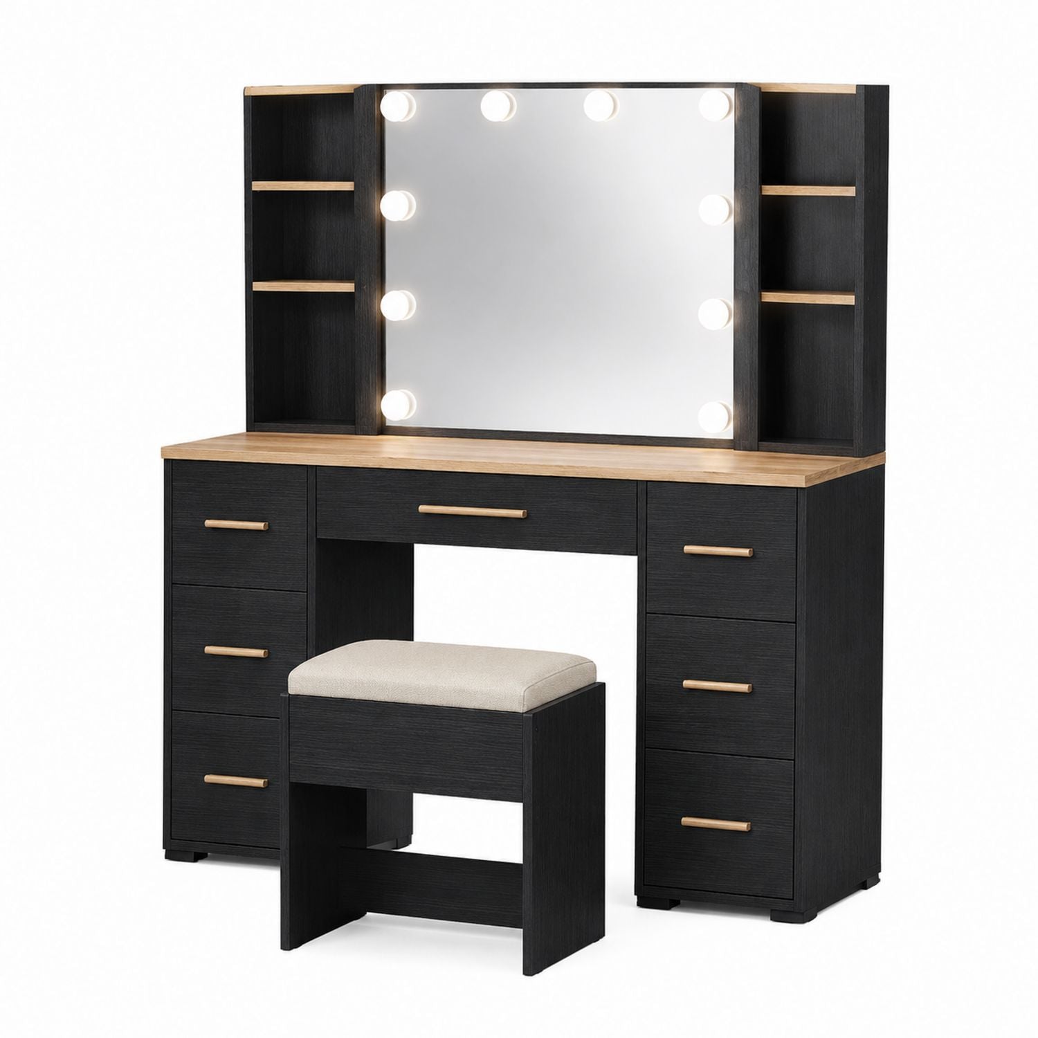 Wood Vanity Table with Mirror and LED Lights Black and Light Brown with Stool