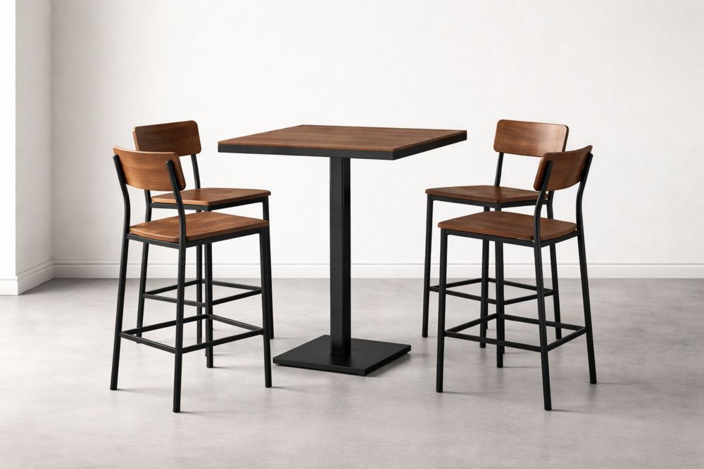Square Wood and Metal Bar Table Set with Four Chairs