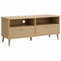 Oak Wood TV Stand with Rattan Drawers and Open Shelves 120cm