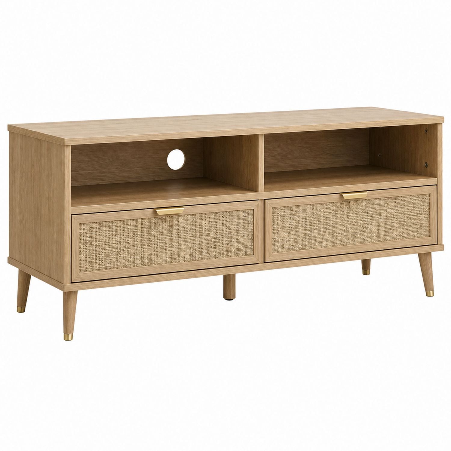 Oak Wood TV Stand with Rattan Drawers and Open Shelves 120cm