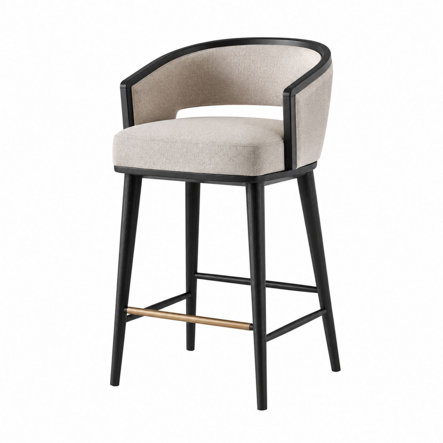 Fabric Upholstered Bar Stool with Black Wood and Gold Metal Details
