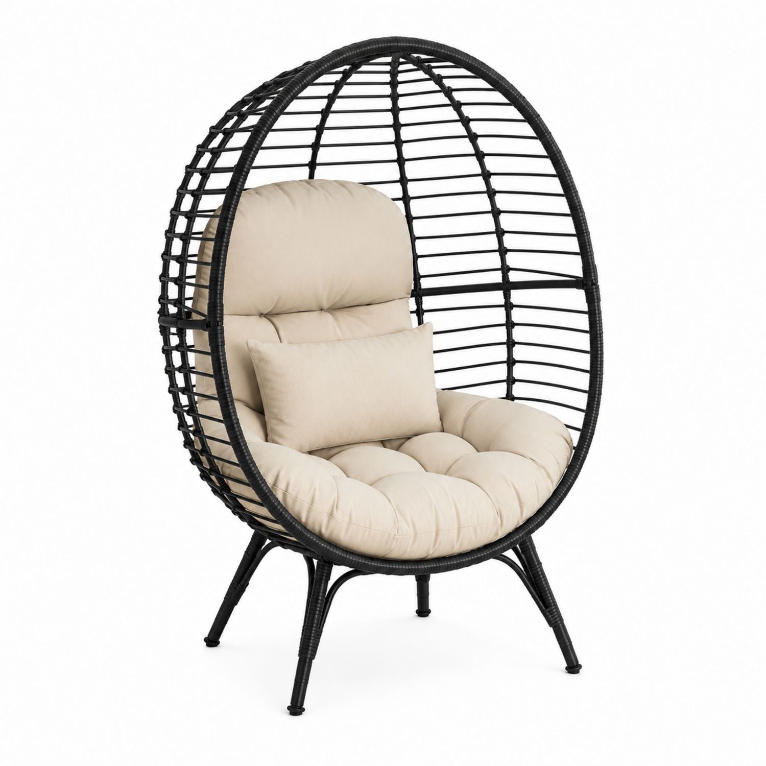 Outdoor Egg Chair with Wicker Rattan and Steel Frame, Beige Cushions