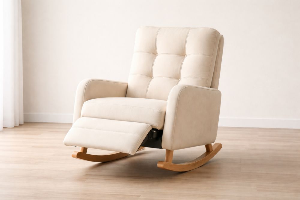 Beige Fabric Recliner Rocking Chair with Wooden Base