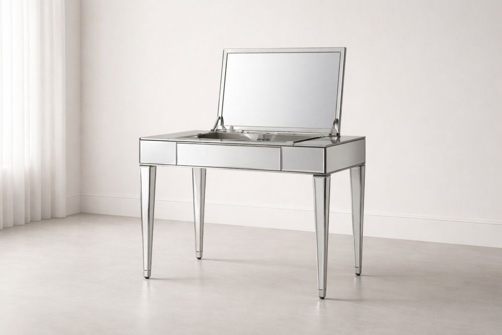 Mirrored Glass Vanity Table with Hinged Mirror and Storage Compartment