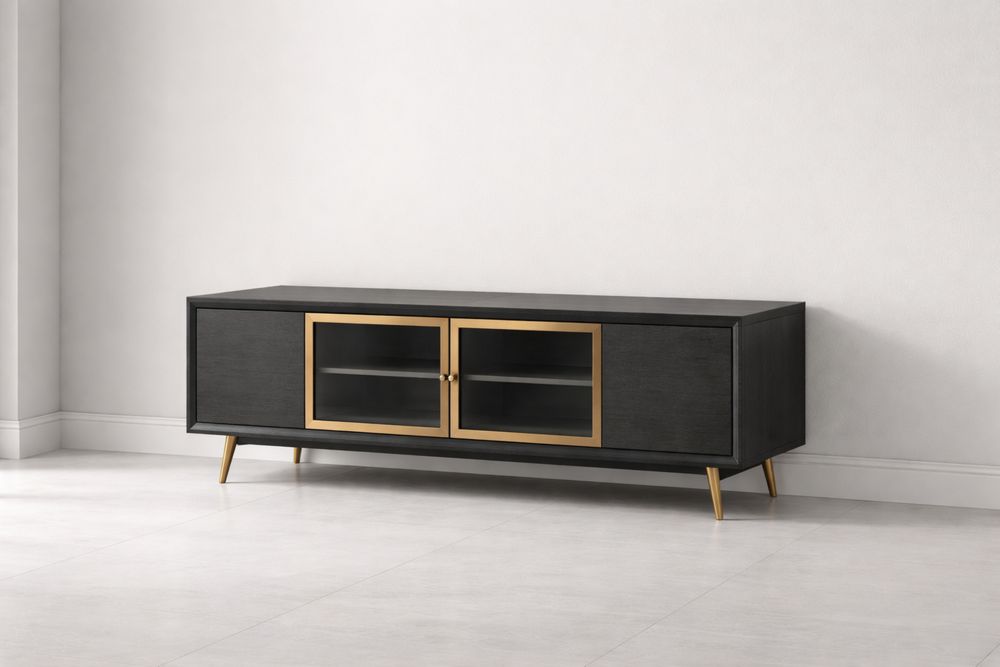 Black MDF TV Stand with Gold Accents and Tempered Glass Doors