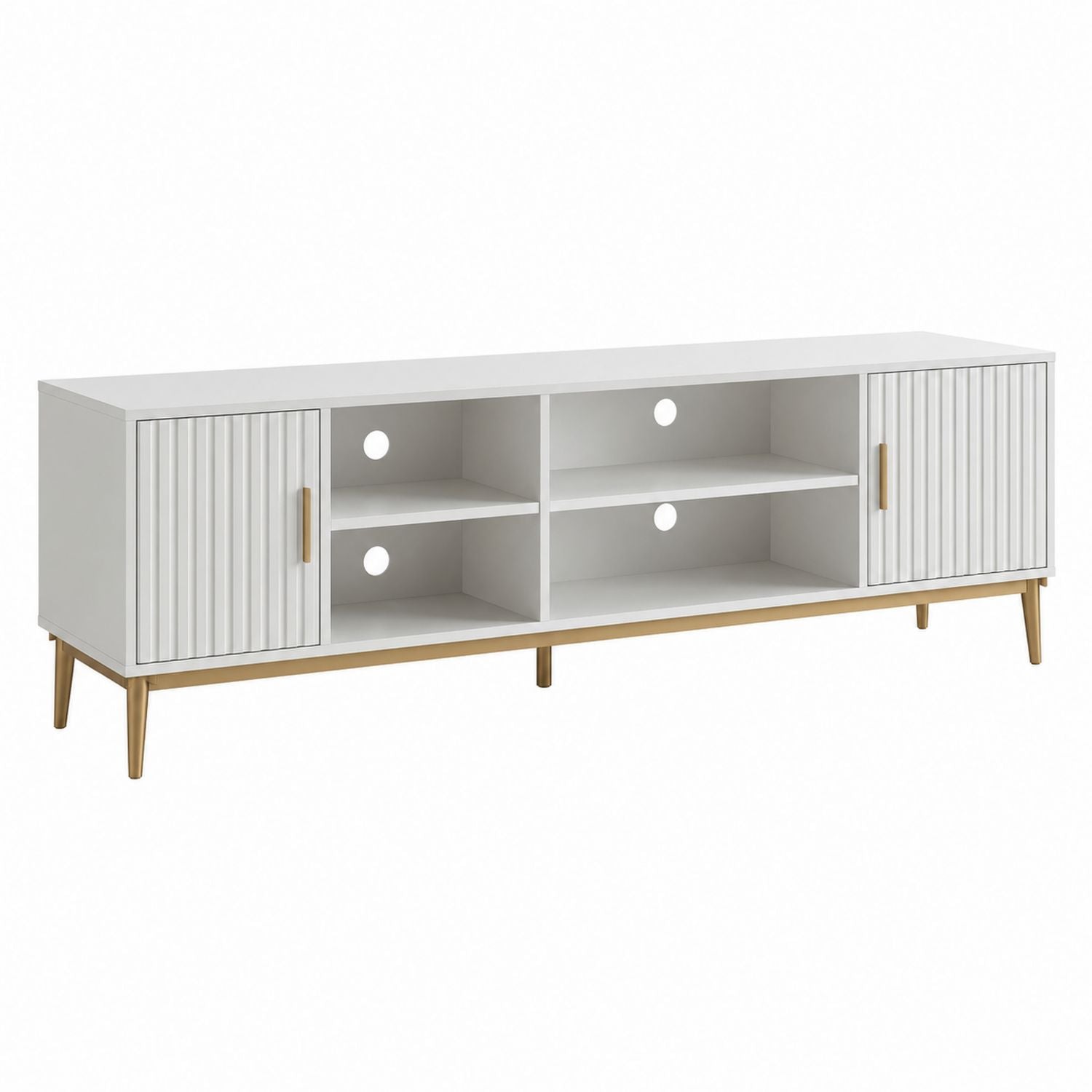 White MDF TV Stand with Metal Legs, 2 Cabinets, 4 Shelves, 150cm