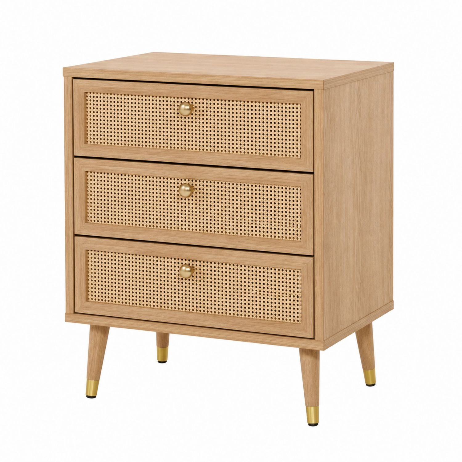 Wood Nightstand with Rattan Drawers and Metal Accents 3-Drawer - 23.6in x 15.7in x 27.6in