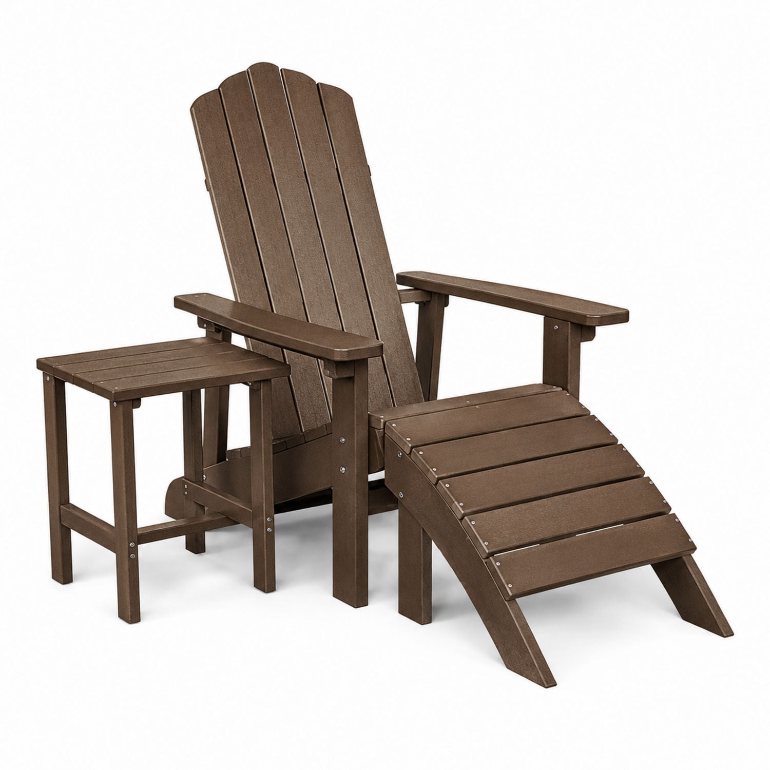 Outdoor Adirondack Chair Set with Ottoman and Side Table Brown Plastic