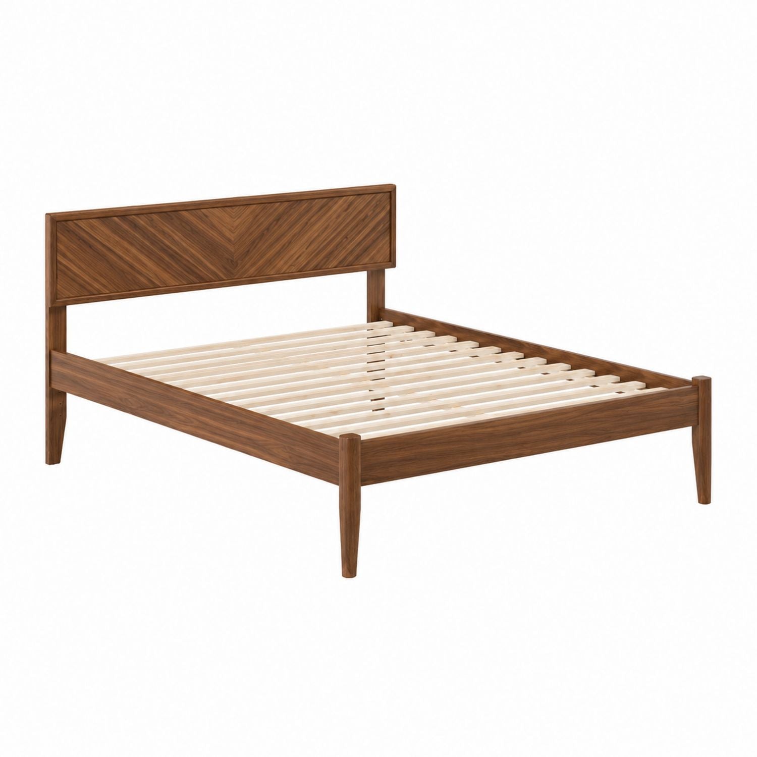 Walnut Solid Wood Queen Bed Frame with Chevron Headboard