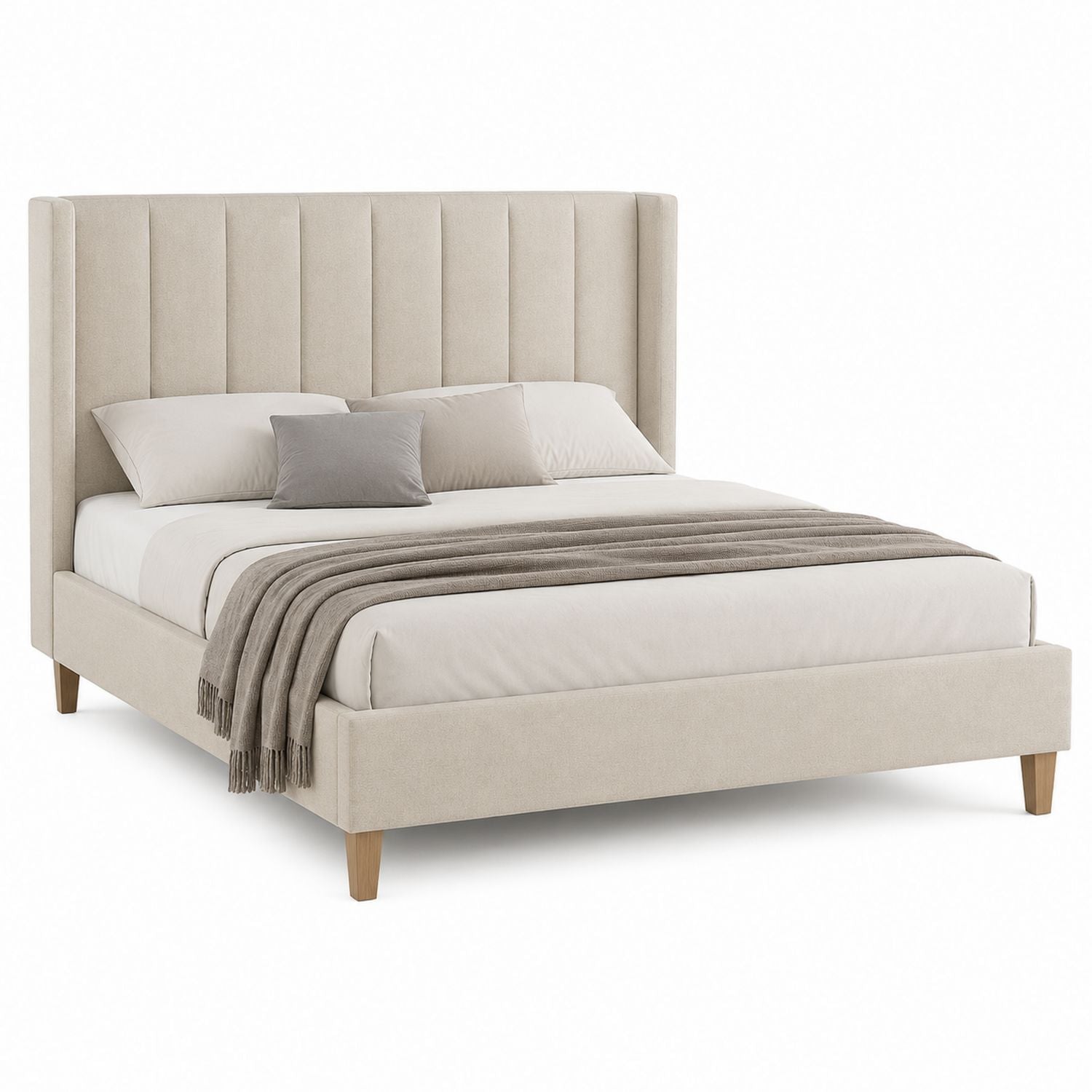 Upholstered Platform Bed Polyester Fabric with Vertical Channel Tufting and Wooden Legs King Size