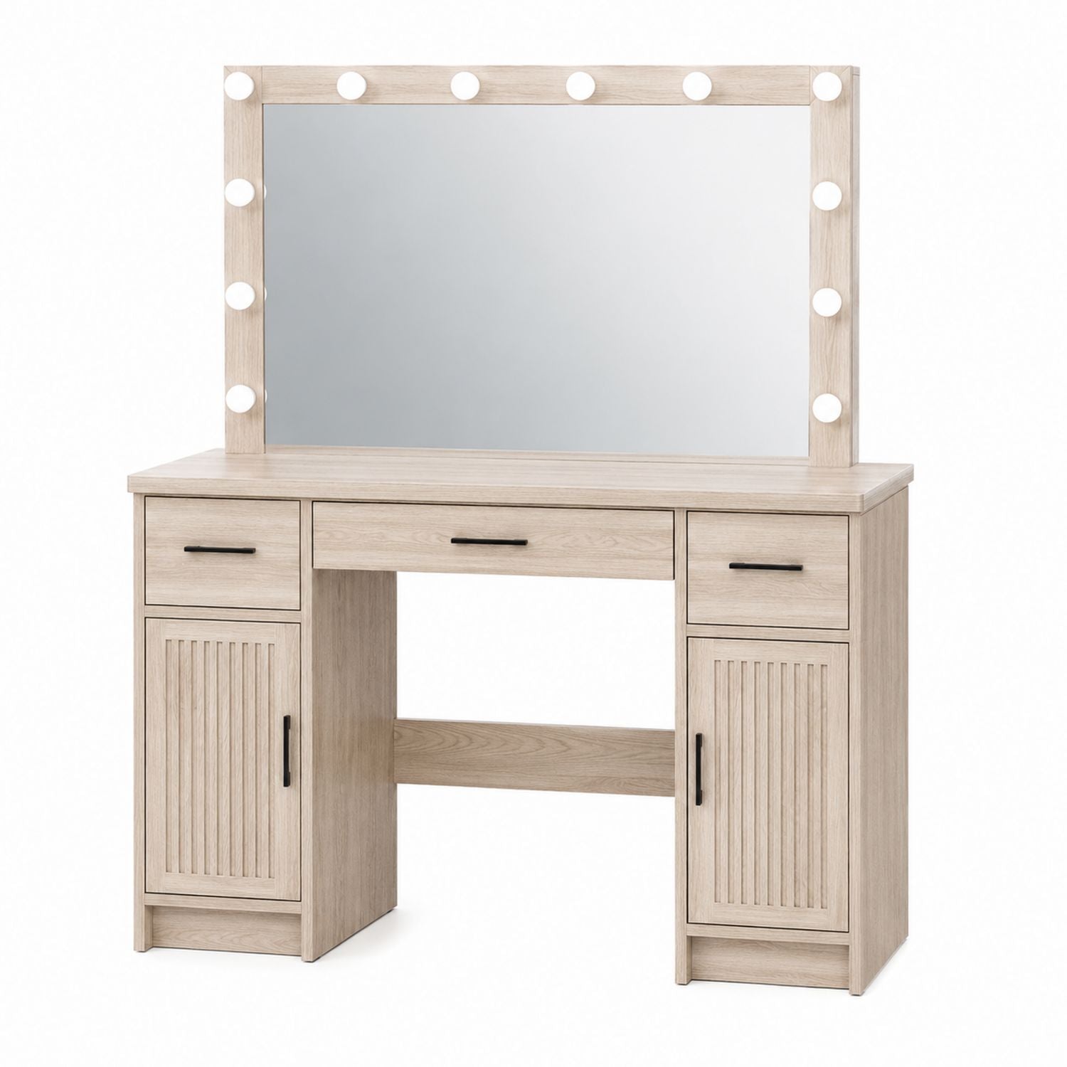 Wood Vanity Table with Built-in LED Lights and Mirror, Light Oak, 120x40x150 cm