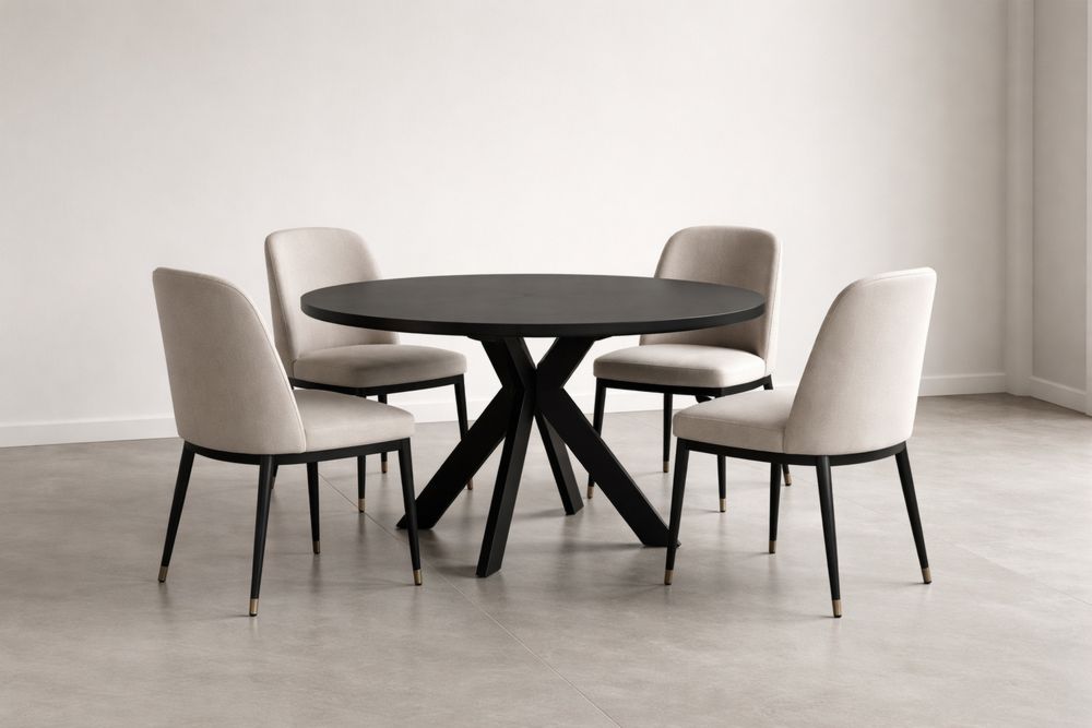 Black Wood Dining Table Set with Beige Polyester Chairs