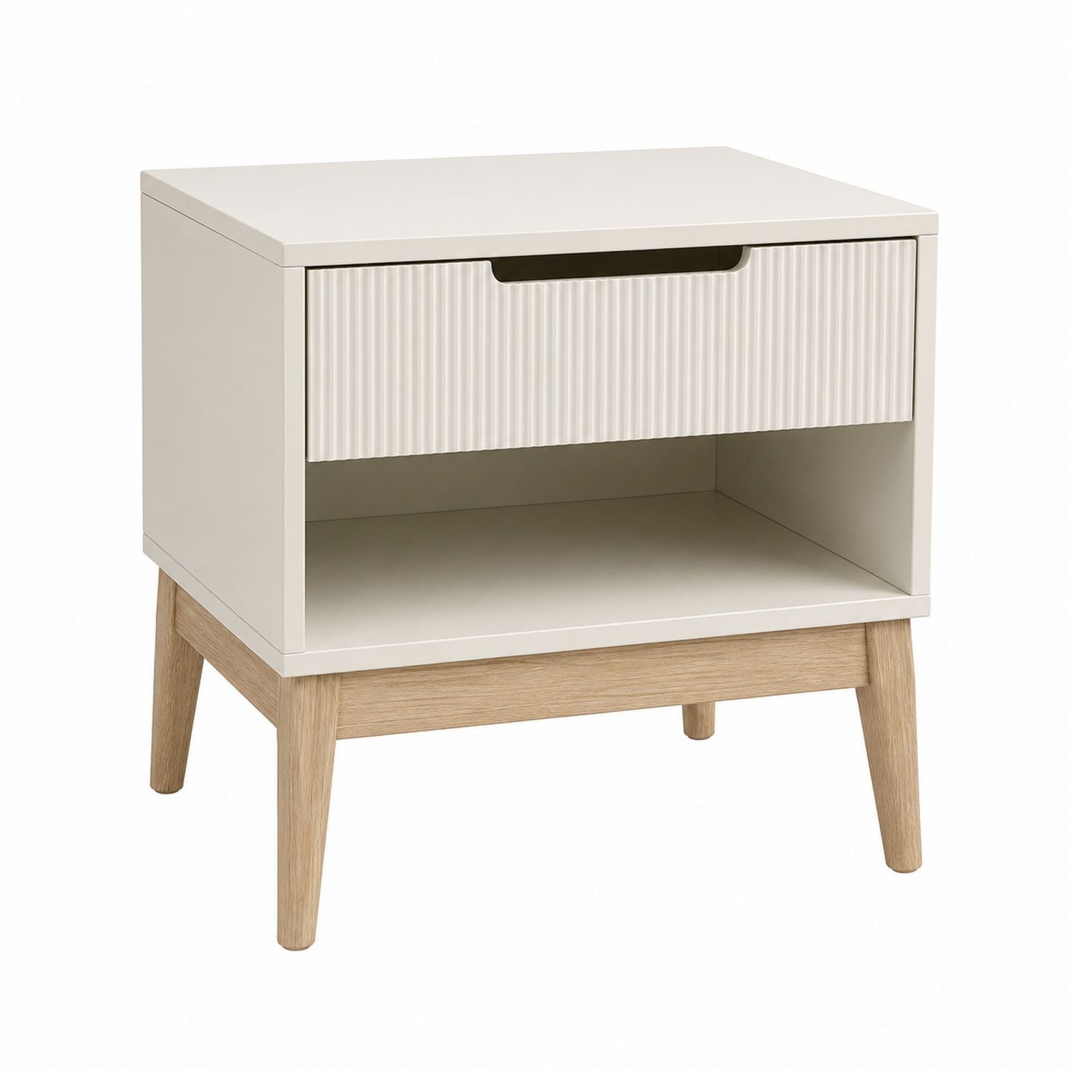 Wood Nightstand with Single Drawer and Open Shelf Beige