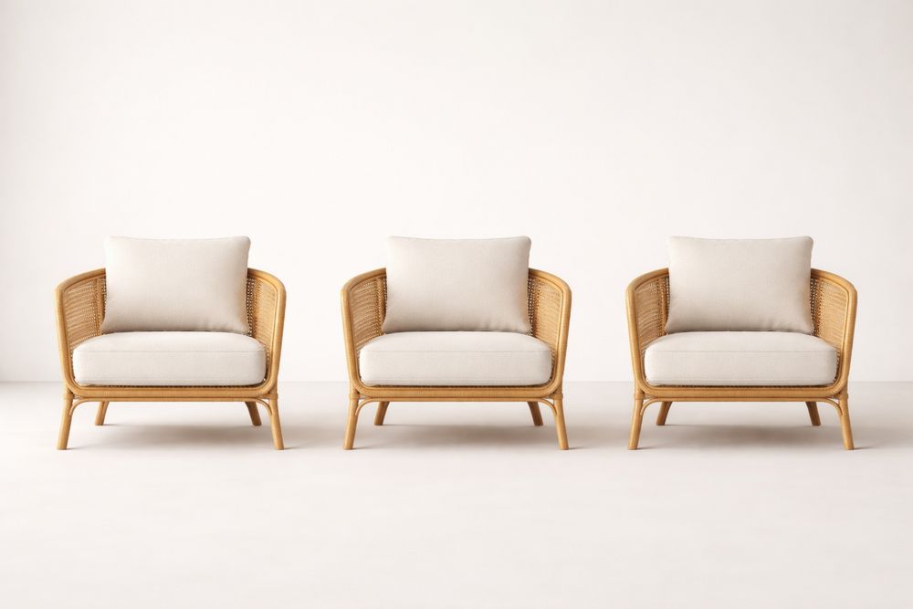 3 Piece Rattan Lounge Chairs Set with Beige Cushions